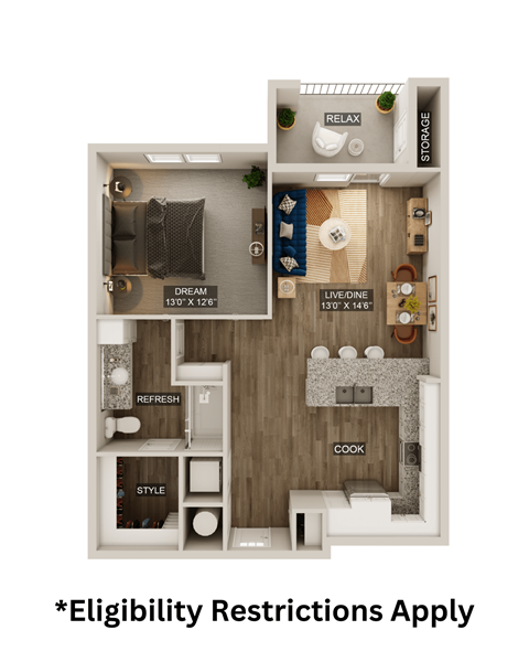 Floor plan for 1 bed, 1 bath, 841 sqft